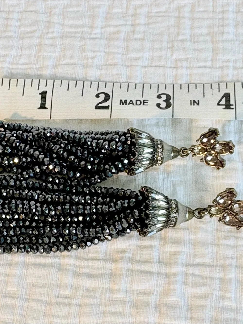 Vtg Tassel Pierced Earrings Rhinestones Black Jet Beads Boho  Anthro Style 1990s